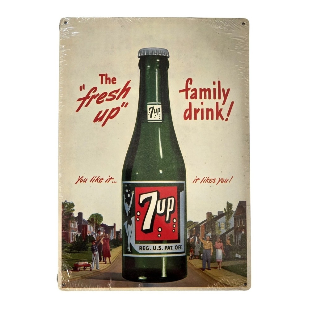 NOS 2001 7Up Metal Tin Sign Sealed - The Fresh Up Family Drink - 17" x 12"